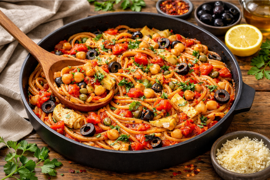 One Pan Puttanesca with Chickpeas and Artichokes
